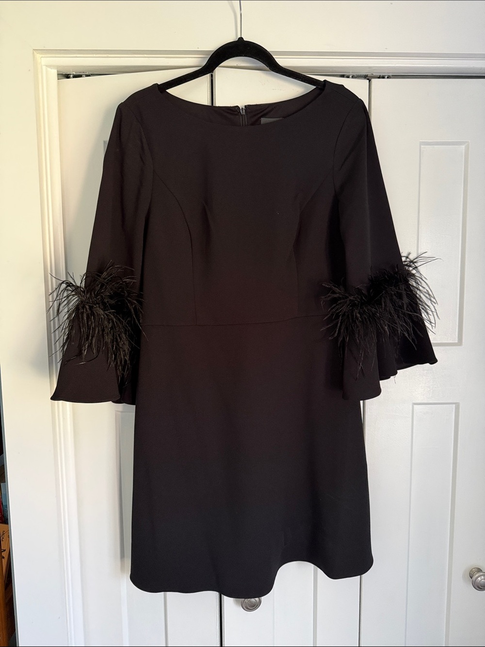 Adrianna Papell Black Feather-Trim Bell Sleeve Dress